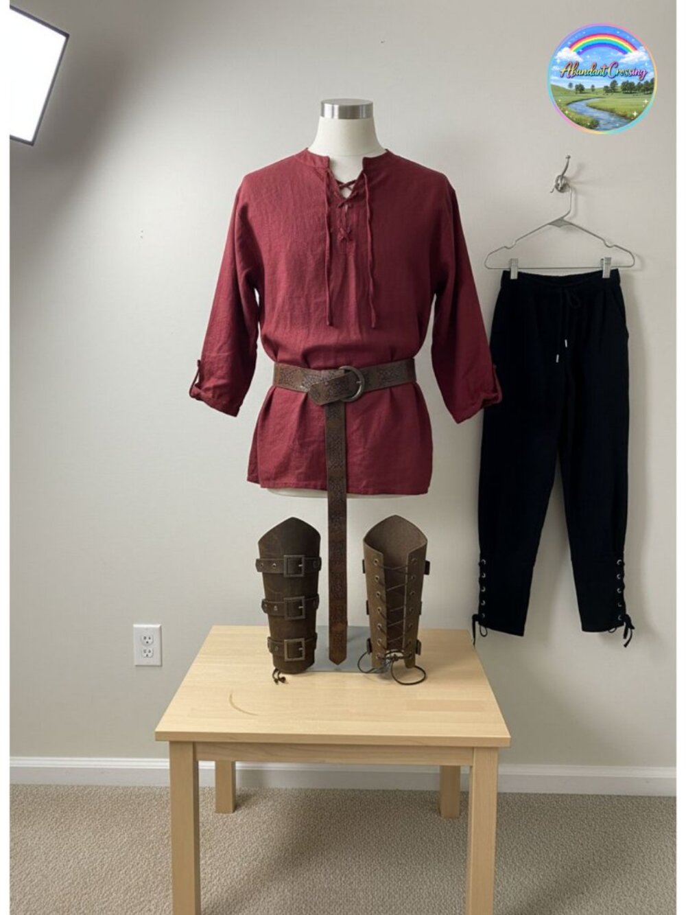 Men's Renaissance Medieval Costume Set Cotton Shirt Pants Belt Wrist Guards